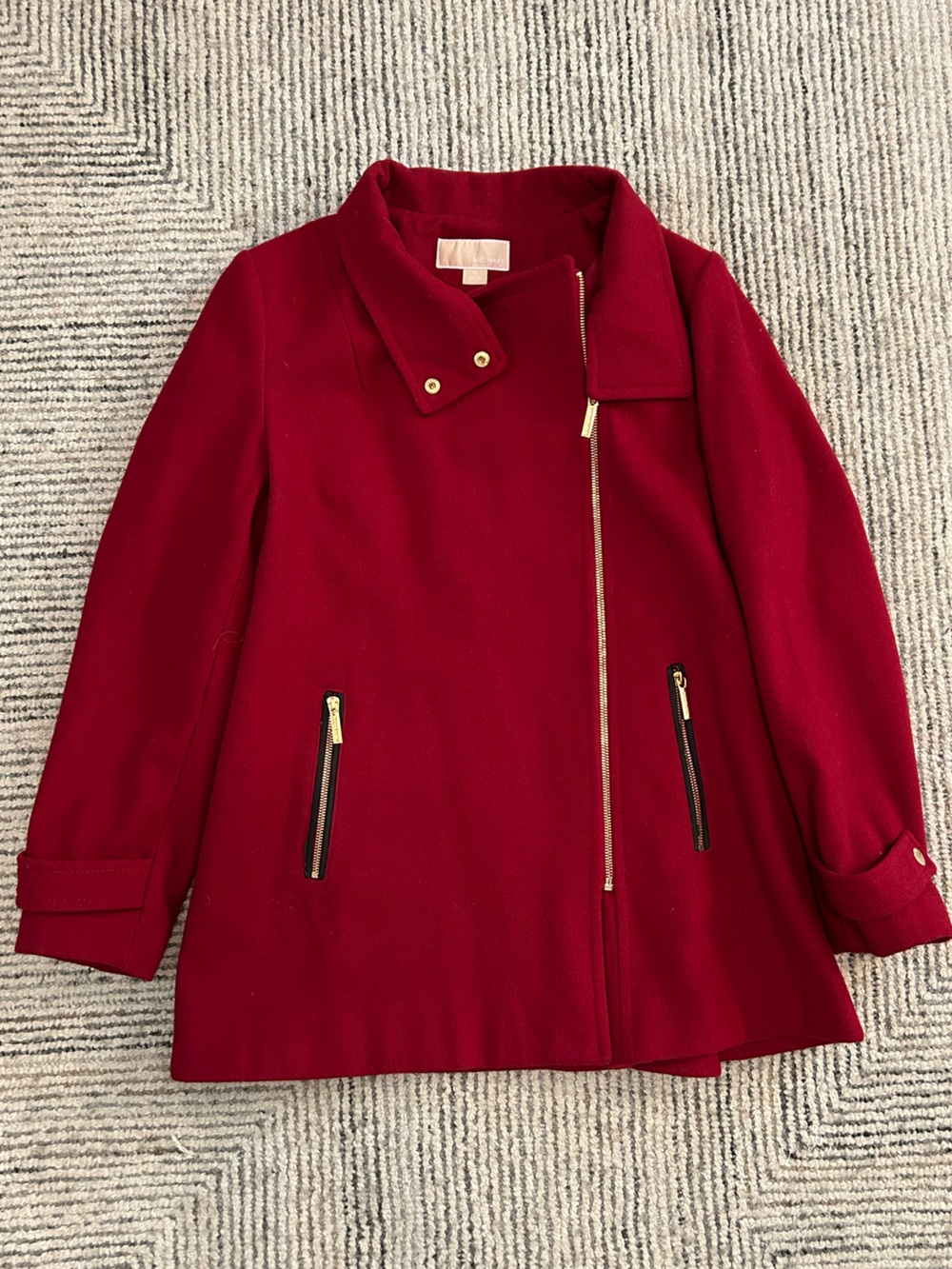 MICHAEL KORS Assymetric Wool Blend Ruby Cherry Red Size 10 Large Pea Coat Gold